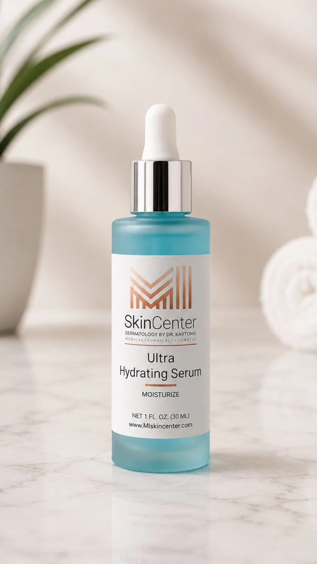 MI Skin Ultra Hydrating Serum with hyaluronic acid in a frosted blue dropper bottle.