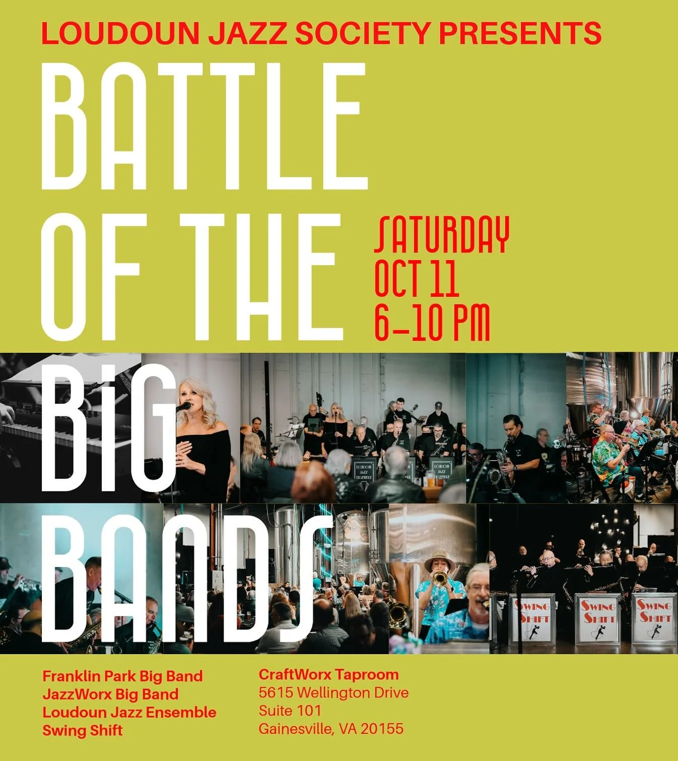 LJS PRESENTS: BATTLE OF THE BIG BANDS
Back and bigger than ever, the Battle of the Big Bands returns. Join us at our new location, CraftWorx Taproom in Gainesville, VA for a night of incredible music. Experience the awe-inspiring sound of big band ja