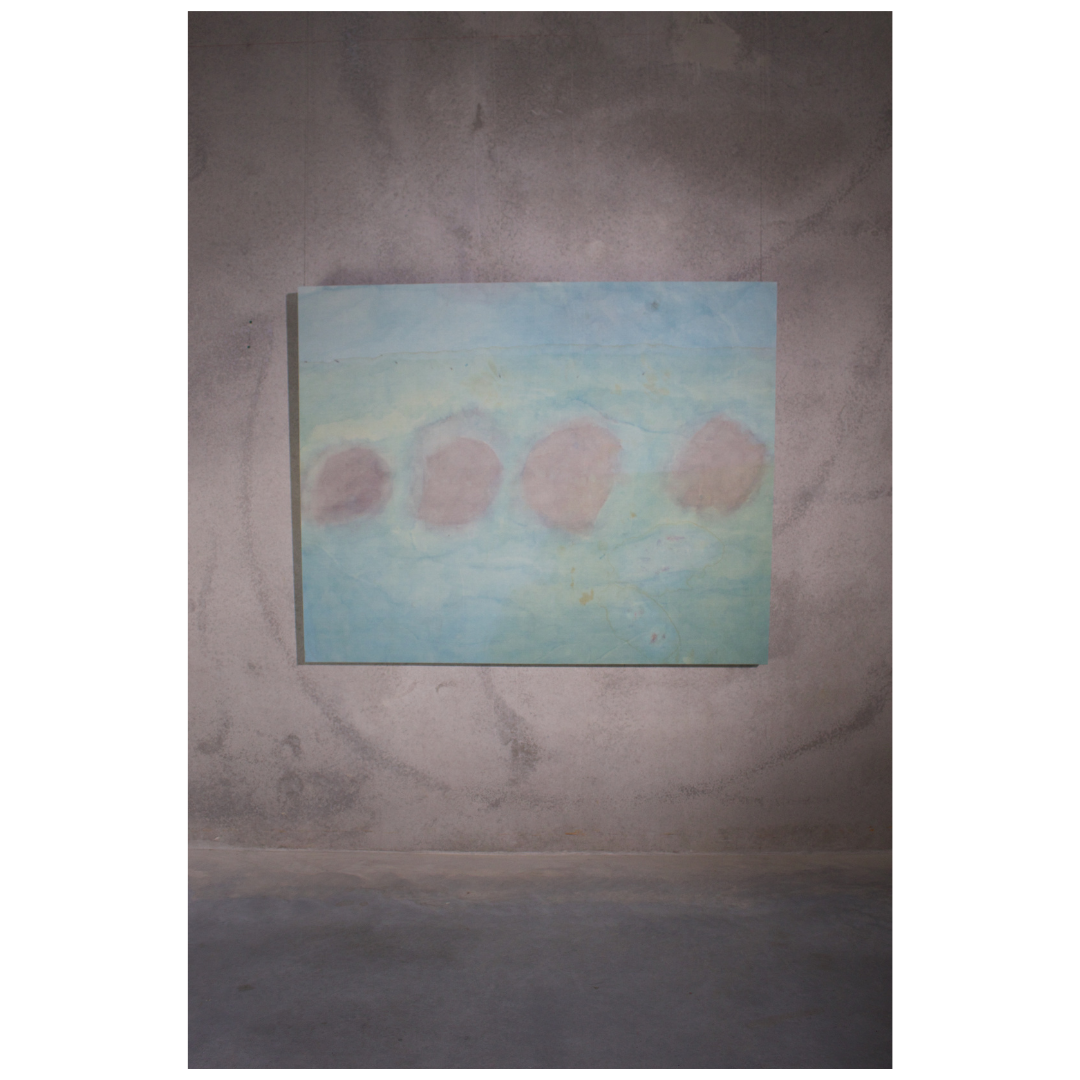 Emily Ebbs — And Then There Were Four (2025) — Acrylic, Eucalyptus Leaf Dye, Paterson's Curse Flower and Catsear on Drop Sheet — 121 cm x 150 cm