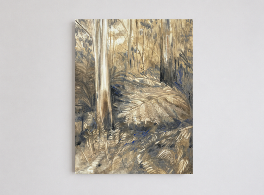 Lucy Hersey — There Could Be Lyrebirds Here (2025) — Ground Earth Pigments, Charcoal and Copper Verdigris on Canvas — 120 cm x 90 cm
