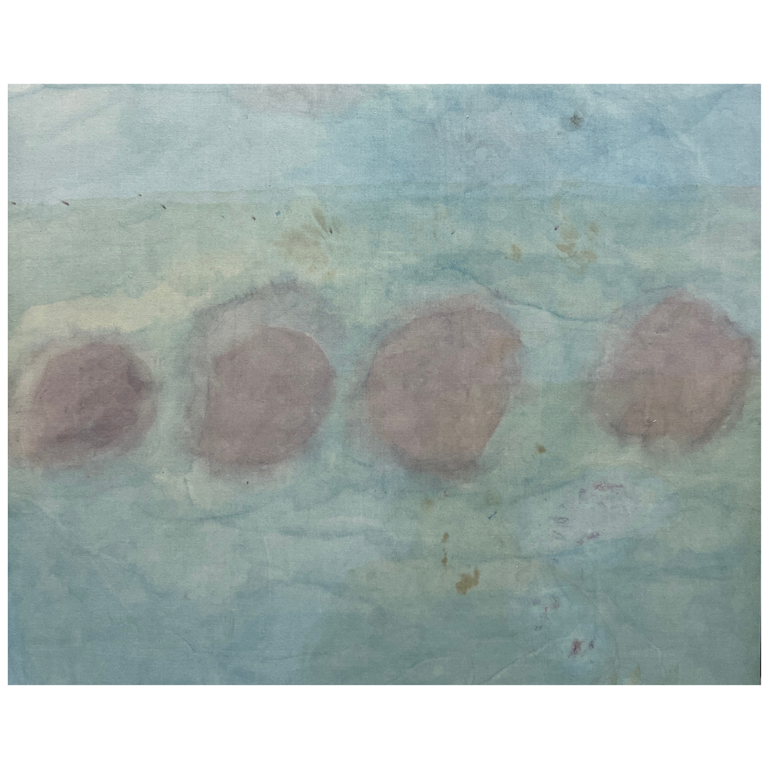 Emily Ebbs — And Then There Were Four (2025) — Acrylic, Eucalyptus Leaf Dye, Paterson's Curse Flower and Catsear on Drop Sheet — 121 cm x 150 cm