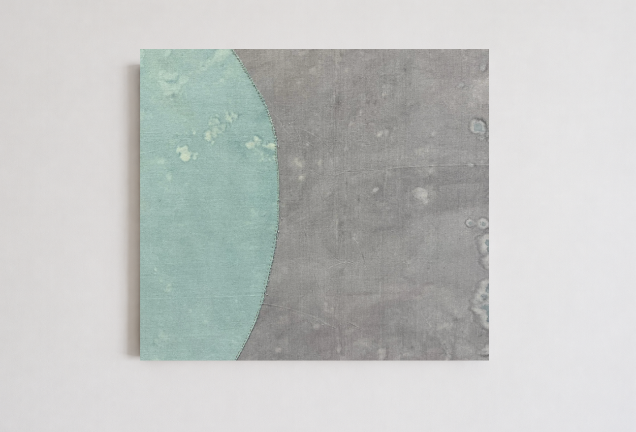 Emily Ebbs — Morning Dew (2025) — Rain Water, Eucalyptus Leaf Dye, Acrylic, Thread On Canvas — 65.5 cm x 70.5 cm