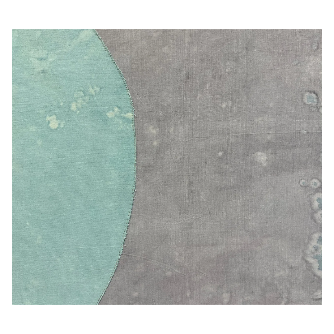 Emily Ebbs — Morning Dew (2025) — Rain Water, Eucalyptus Leaf Dye, Acrylic, Thread On Canvas — 65.5 cm x 70.5 cm