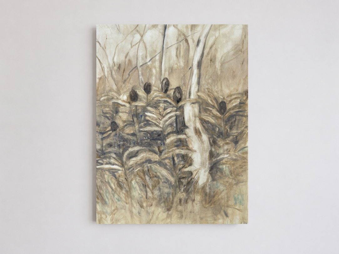 Lucy Hersey — North Shore (2025) — Ground Earth Pigments, Charcoal and Copper Verdigris on Canvas — 120 cm x 90 cm