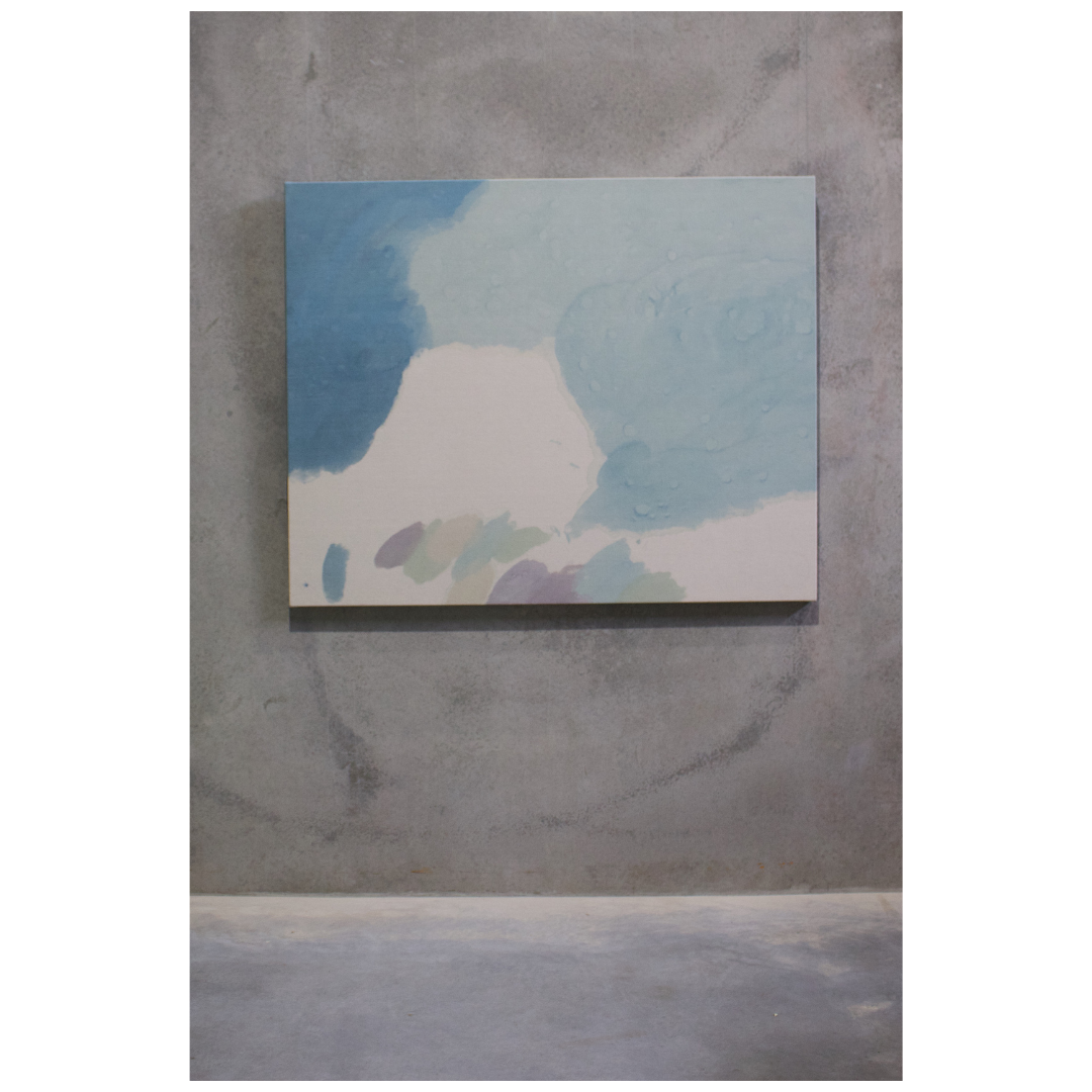 Emily Ebbs — Test Patch Sky (2025) — Paper Bark Tree Dye and Acrylic on Drop Sheet — 122 cm x 152 cm