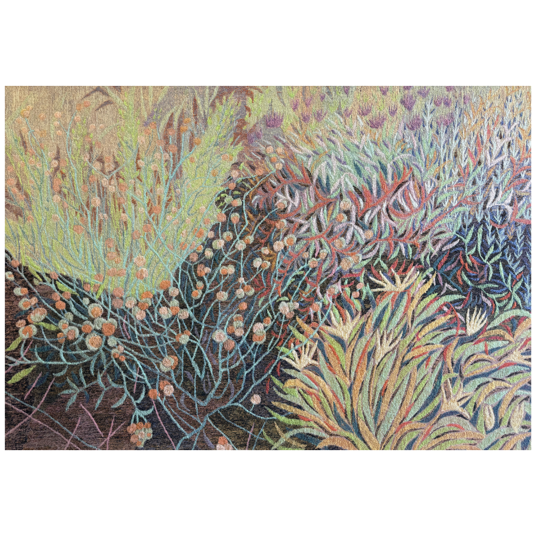 Adam Halls — Between Bloom and Seed (2026) — Textile Artwork with Paint, Pigment and Thread - Hand and Machine Stitch — 142 cm x 205 cm