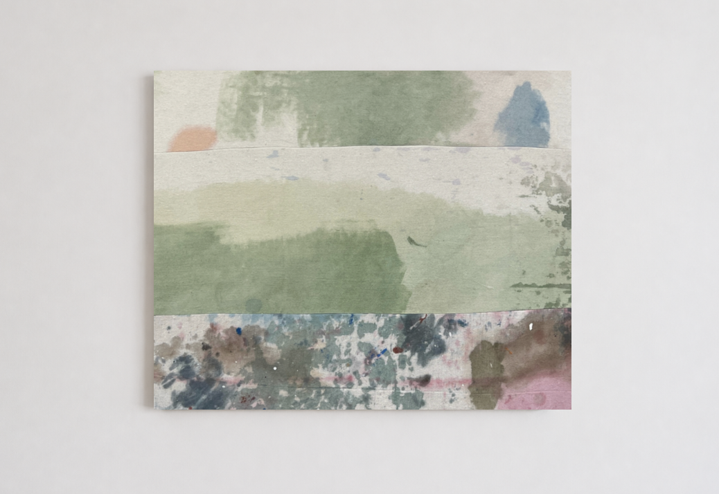 Emily Ebbs — Drop Sheet Landscape (2025) — Acrylic, Eucalyptus Leaf Dye on Recycled Painter's Drop Sheet — 70.5 cm x 80 cm