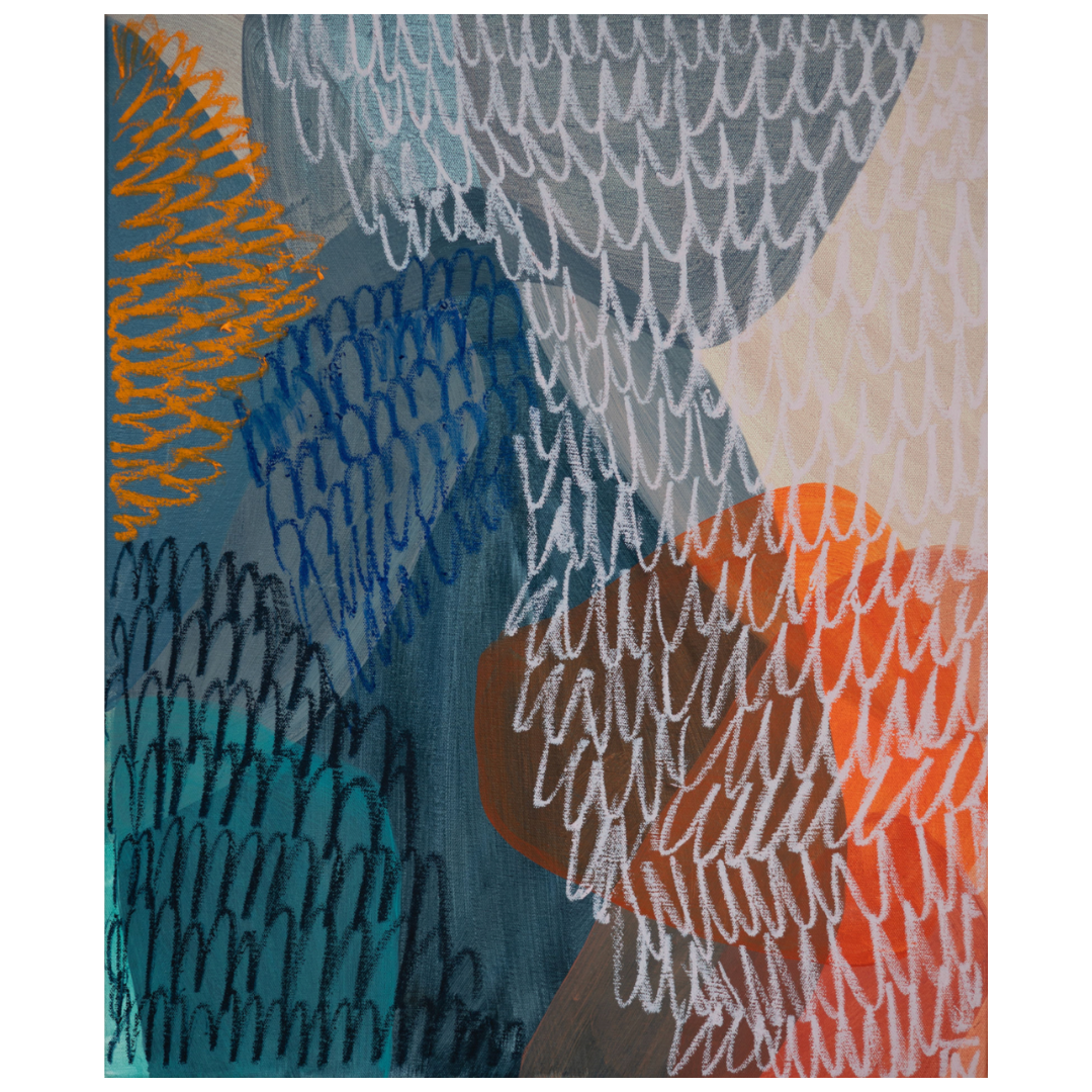 Nastia Gladushchenko — Warm Your Feet By The Fire (2026) — Acrylic and Oil Stick on Canvas — 64 cm x 54 cm