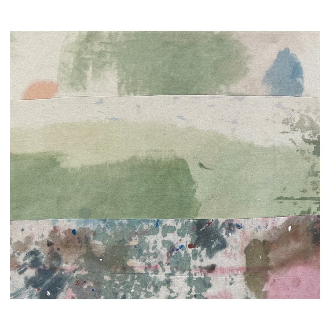 Emily Ebbs — Drop Sheet Landscape (2025) — Acrylic, Eucalyptus Leaf Dye on Recycled Painter's Drop Sheet — 70.5 cm x 80 cm