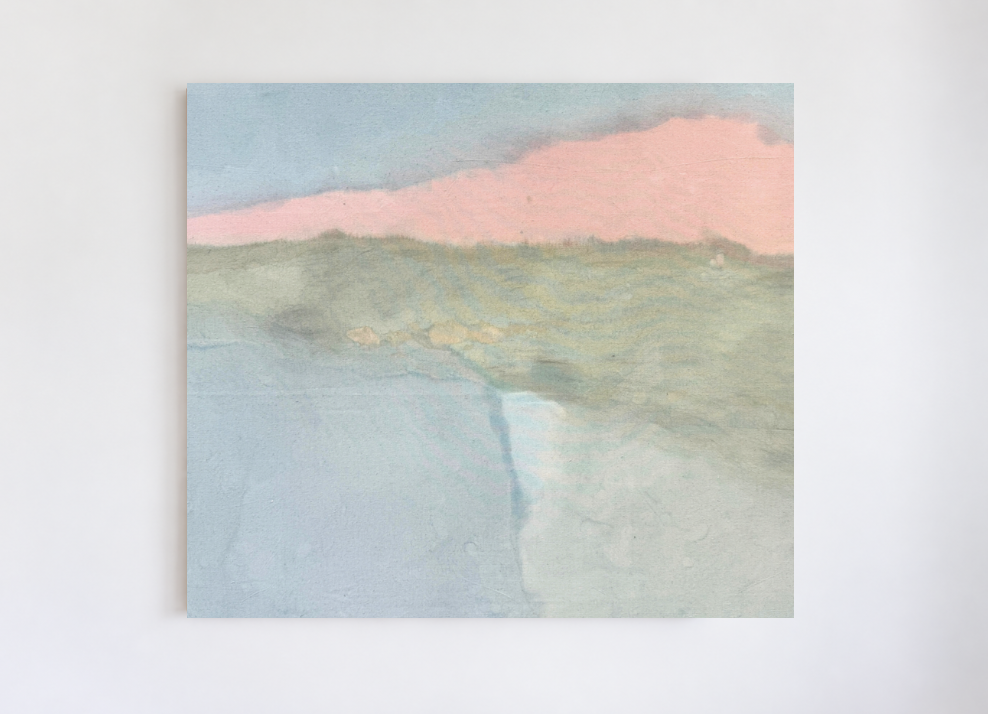 Emily Ebbs — Ripples in Dusk (2026) — Blue Gum Dye, Acrylic, Pine Tree Ash and Beeswax on Canvas — 102 cm x 117 cm