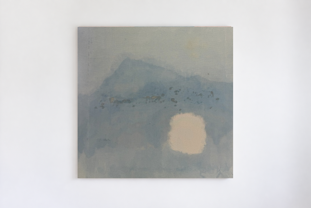 Emily Ebbs — The Phantom Island (2026) — Eucalyptus Leaf Dye, Acrylic and Beeswax on Canvas — 107 cm x 112 cm
