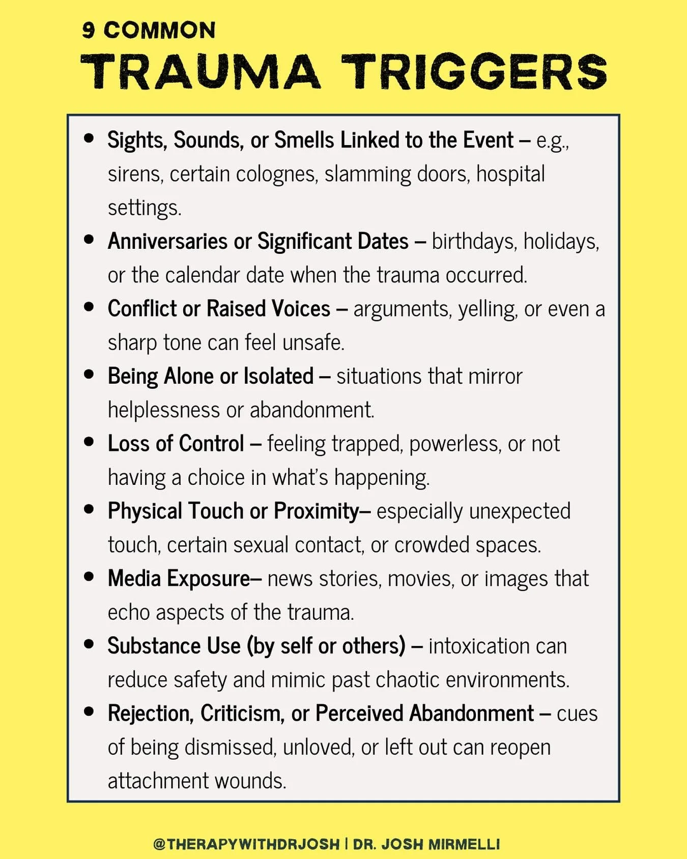 Trauma triggers can feel overwhelming because they often show up suddenly and without warning, pulling us back into old states of fear, shame, or helplessness. The important thing to remember is that being triggered doesn&rsquo;t mean you&rsquo;re &l