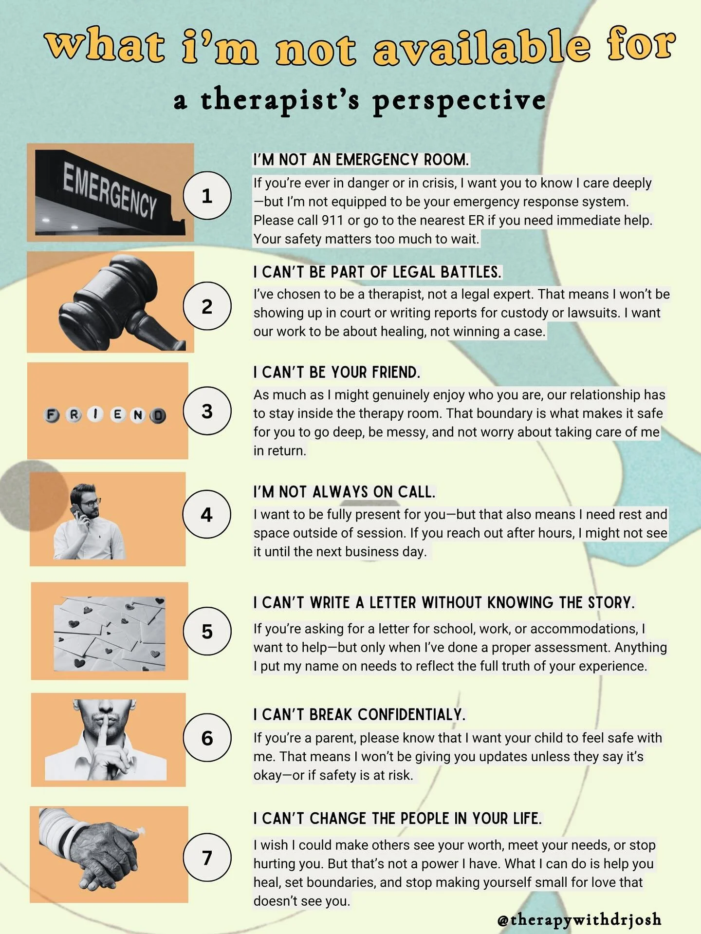 As therapists, we hold deep compassion for our clients&mdash;but there are essential boundaries that protect both the therapeutic relationship and the integrity of the work we do. This graphic outlines clear areas where a therapist must say &ldquo;no