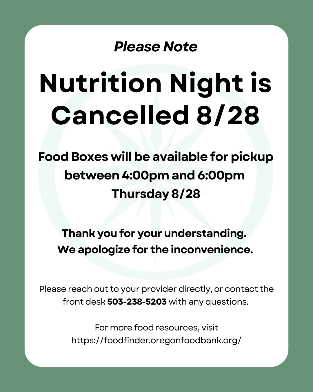 Nutrition Night is Canceled 8/28, Food Boxes will be available from 4-6pm 828