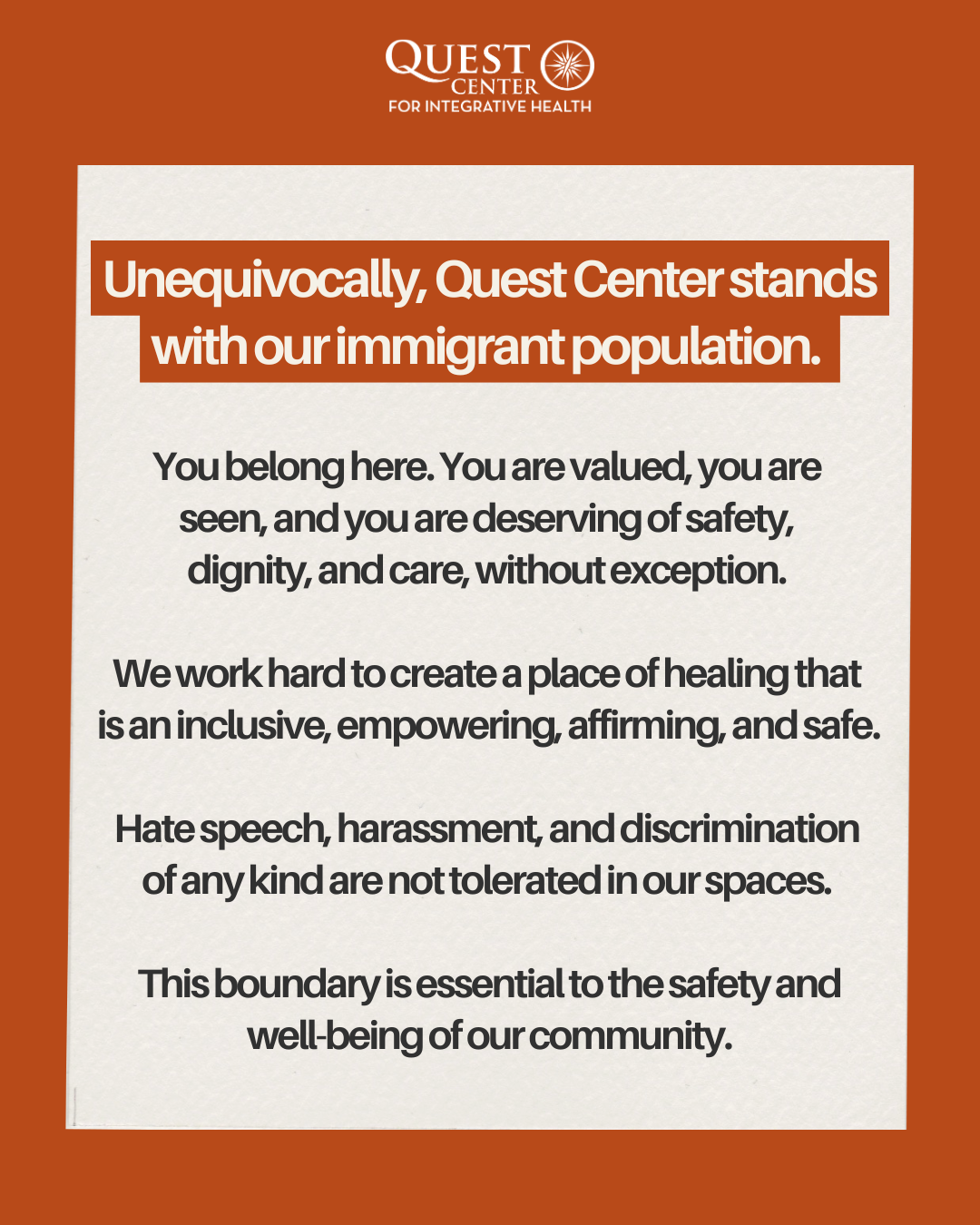 Quest Center stands with our immigrant population