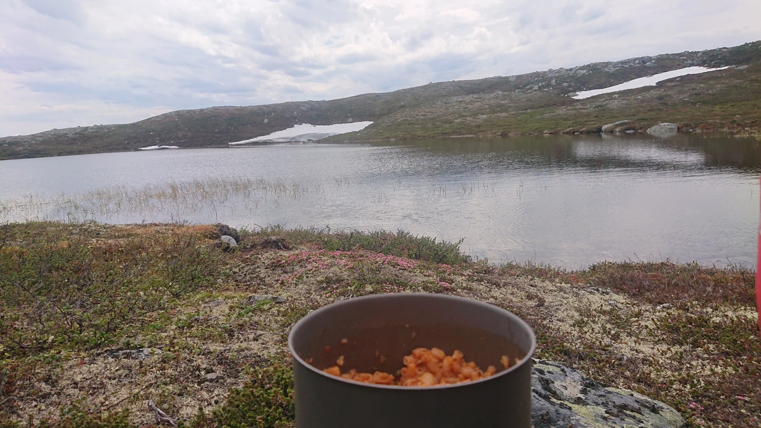 Lunch pause! This combo was a new one, but absolutely great! Dried tomato soup, instant macaroni and dried minced soy.