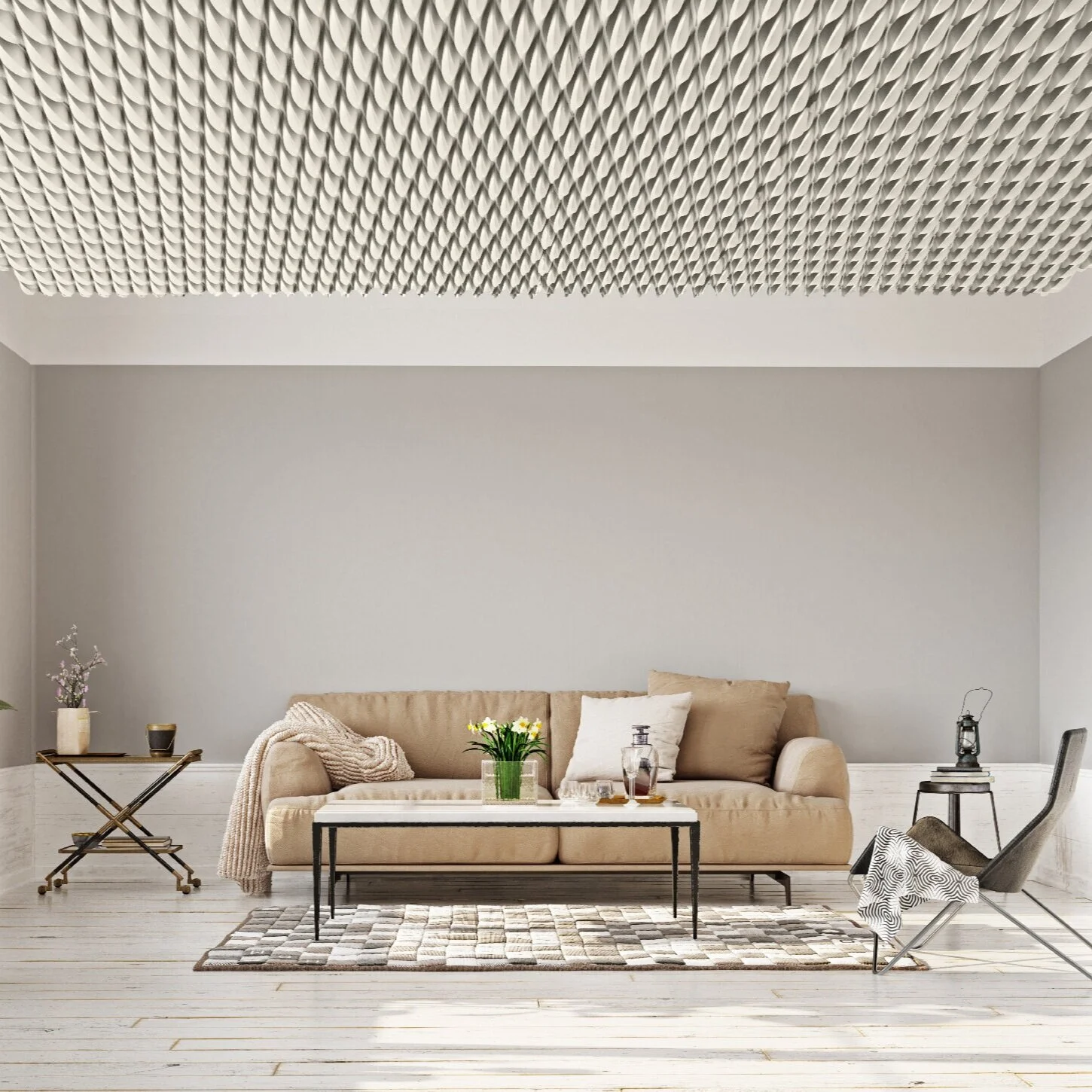 Image of KUKI tiles on the ceiling of a light, airy and stylish home interior