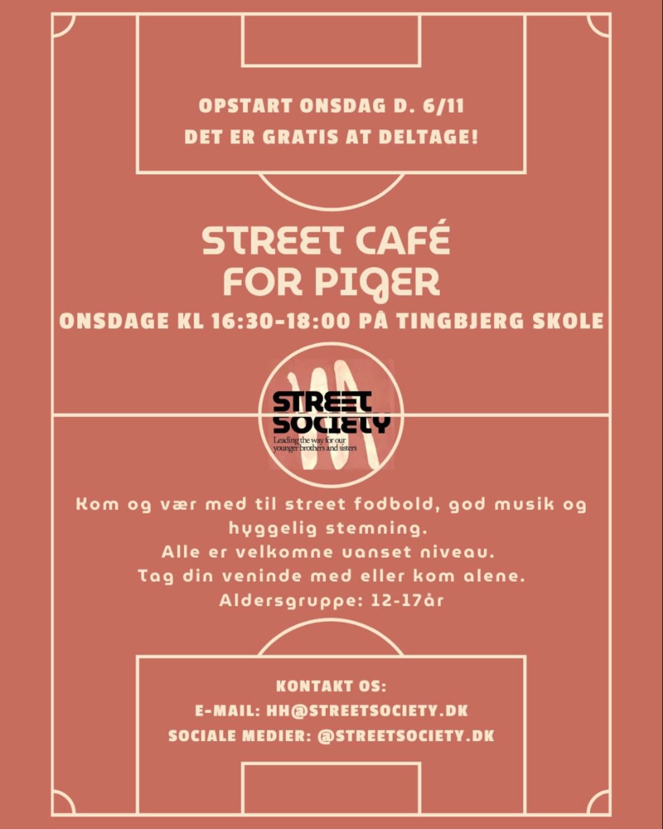 Kalder alle piger i Tingbjerg! 📣
I har &oslash;nsket en Street Caf&eacute;, og nu sker det! ⚽️ Fra den 6. november 2024 kan I finde os hver onsdag kl. 16:30-18:00 p&aring; Tingbjerg Skole. S&aring; tag din veninde, s&oslash;ster eller klassekammerat