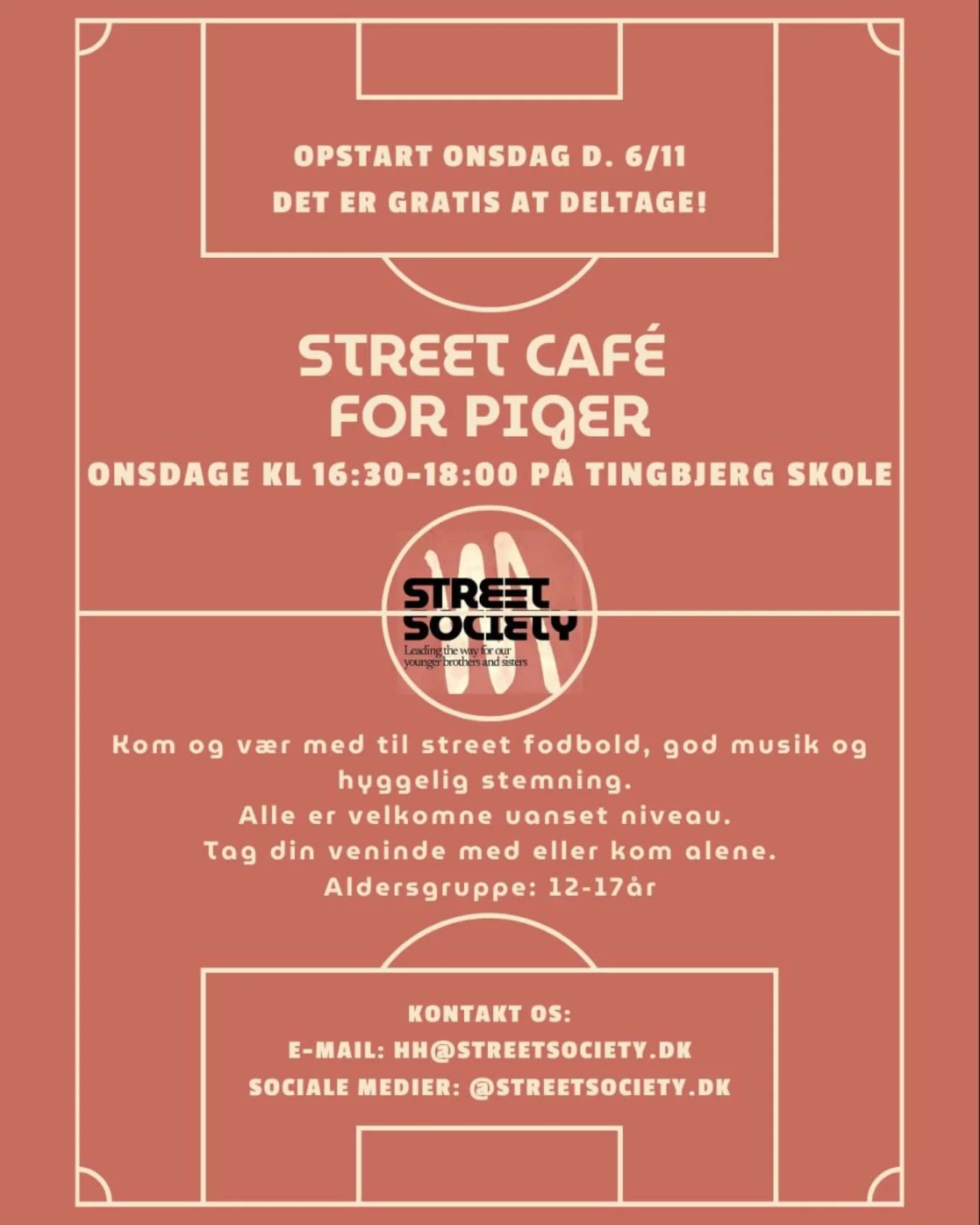 Kalder alle piger i Tingbjerg! 📣
I har ønsket en Street Café, og nu sker det! ⚽️ Fra den 6. november 2024 kan I finde os hver onsdag kl. 16:30-18:00 på Tingbjerg Skole. Så tag din veninde, søster eller klassekammerat
