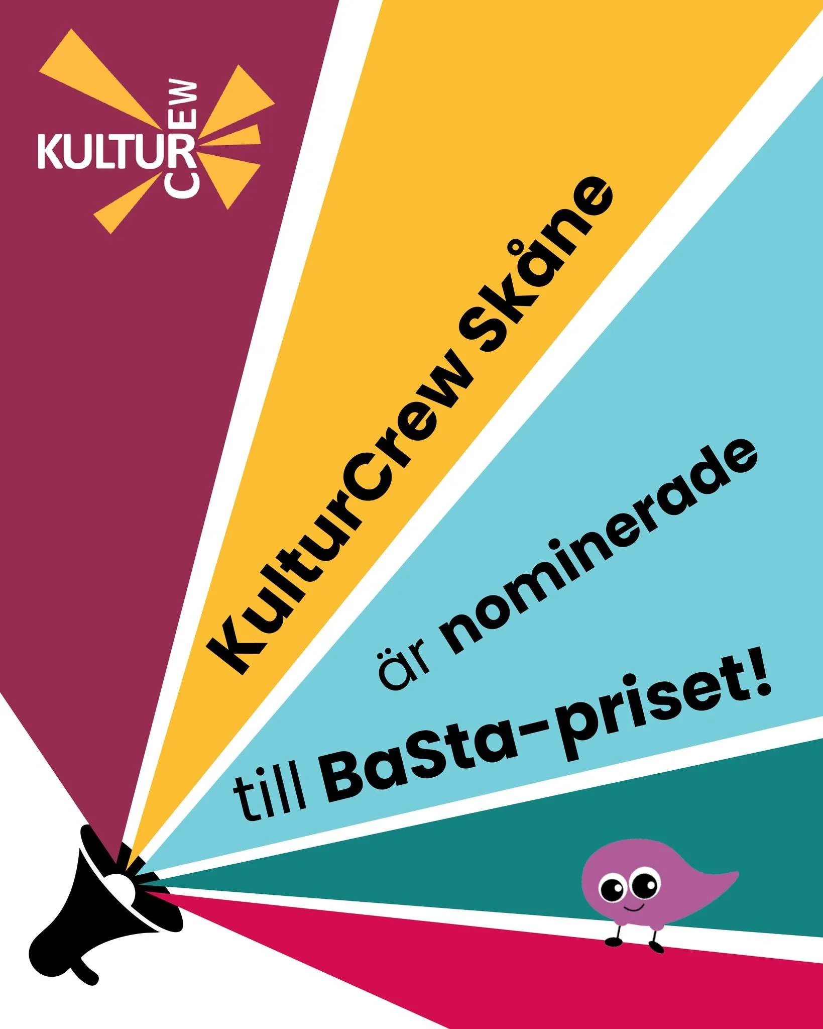 Vi har j&auml;tteroliga nyheter! 📣

Barnkultur i Sverige har nominerat KulturCrew Sk&aring;ne till BaSta-priset &ndash; ett pris som uppm&auml;rksammar dem som g&ouml;r en enast&aring;ende insats f&ouml;r barn och ungas kultur. 

"Vi &auml;r al