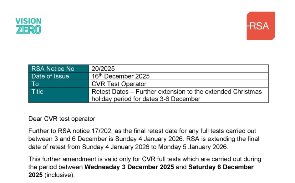 Retest Dates – Further extension to the extended Christmas holiday period&nbsp;