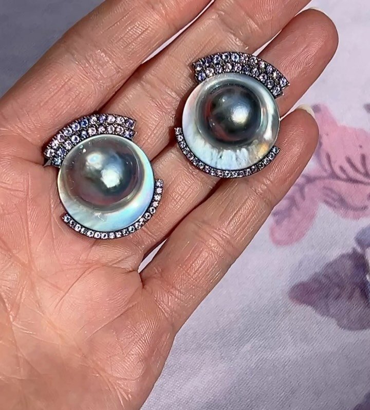 I cringe to admit this about my own work but these really thrill me (can&rsquo;t wait to spin them around the dance floor this eve!). Designed to feel weightless but make a big impact. Mabe pearls, purple sapphires and black rhodium plated silver. On