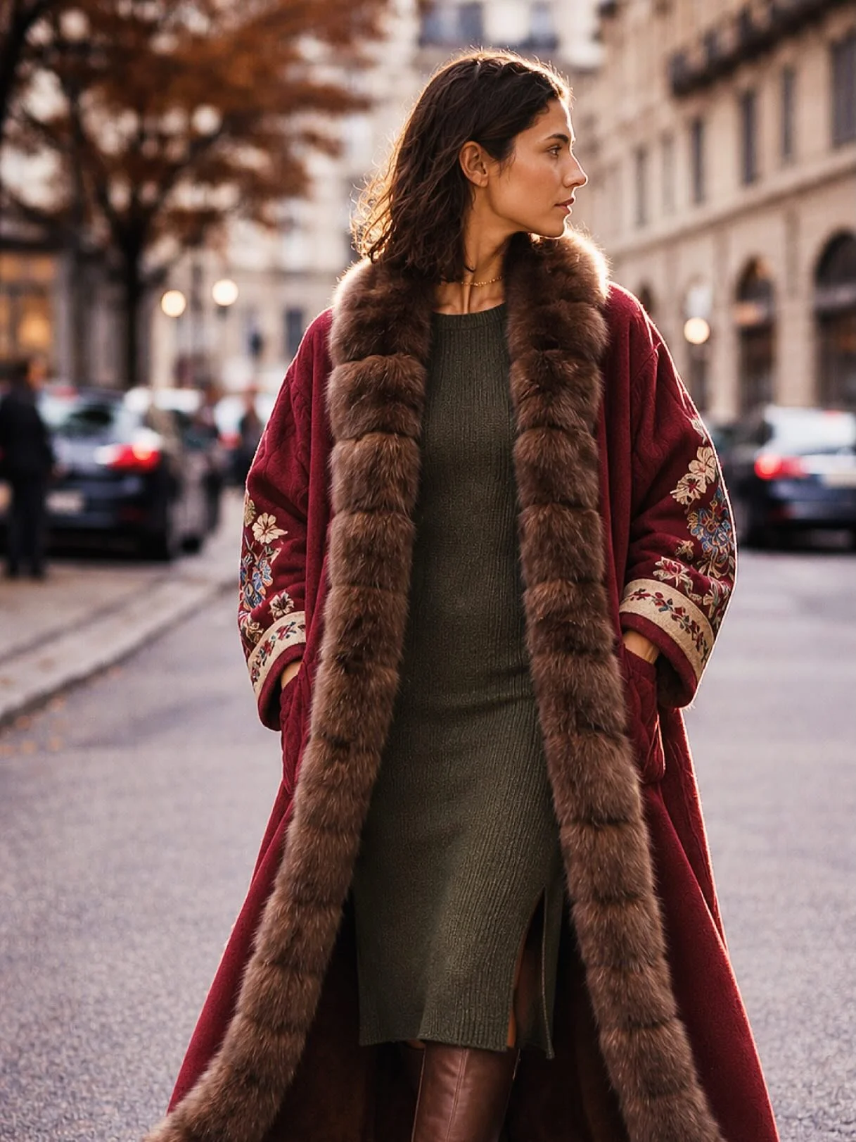 Cappotto lungo, di un elegante colore borgogna, caratterizzato da un ampio bordo in #realfur effetto zibellino. Le maniche sono impreziosite da ricami floreali colorati, che aggiungono un tocco artist