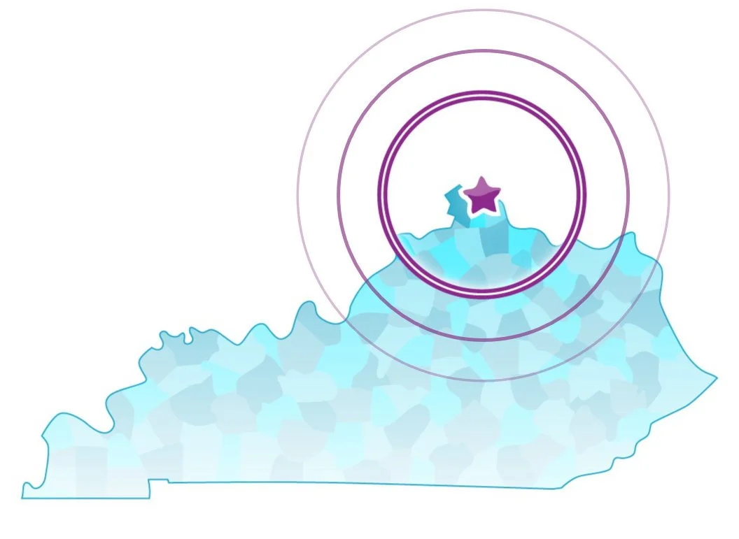 Stylized map of Kentucky with a star marking a location near the northern border, surrounded by concentric purple circles.
