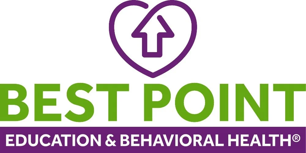 Logo for Best Point Education & Behavioral Health featuring a purple heart with an upward arrow inside and green and purple text.
