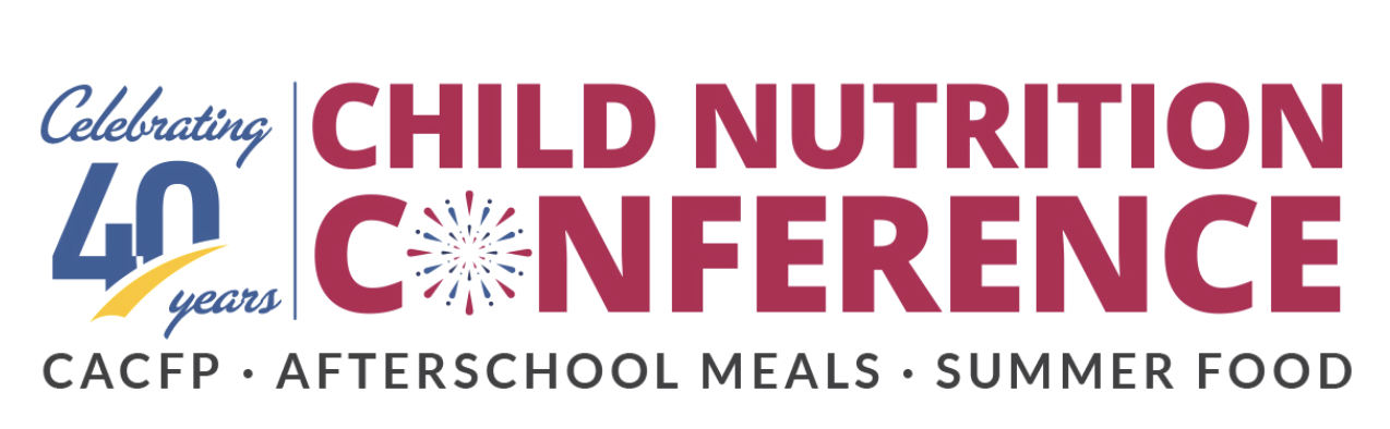 Celebrating 40 years of Child Nutrition Conference logo with text and colorful fireworks design.