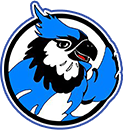 Illustration of a blue and white bird head logo with a fierce expression.