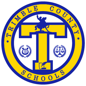 Seal of Trimble County Schools featuring a shield with a person holding a globe and scales of justice, surrounded by a blue and yellow border with the school's name.
