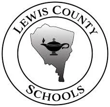 Logo of Lewis County Schools featuring a map of South Carolina with a lamp in the center