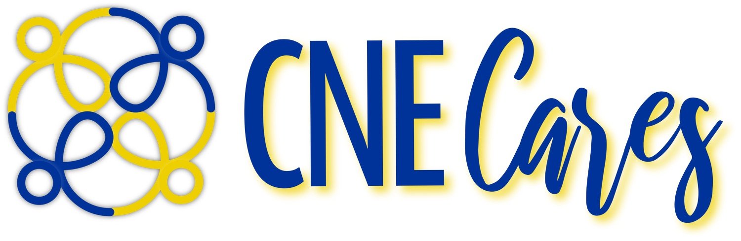Logo with overlapping yellow and blue circles on the left and the text 'CNE Cares' in blue with a yellow shadow on the right.