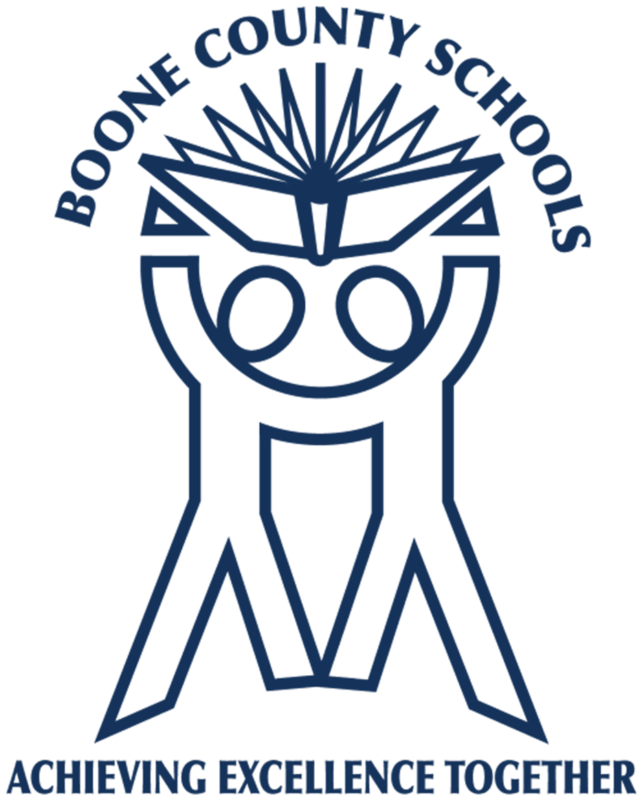 The logo of Boone County Schools features a stylized drawing of a smiling child holding a book above their head, with the school's name encircling the top. The bottom of the logo includes the motto "Achieving Excellence Together."