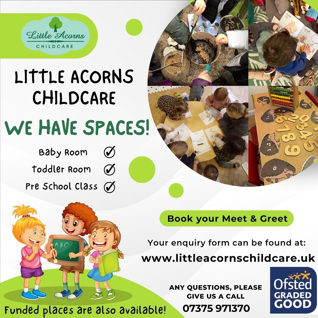 💫 Exciting news!!!
..
..
We have spaces in all rooms come Sept 2024
..
..
Please get in touch to secure your place here at Little Acorns Childcare.
..
..
We look forward to hearing from you 🌳
..
..
#littleacornschildcare #earlyyears #spacesavailabl