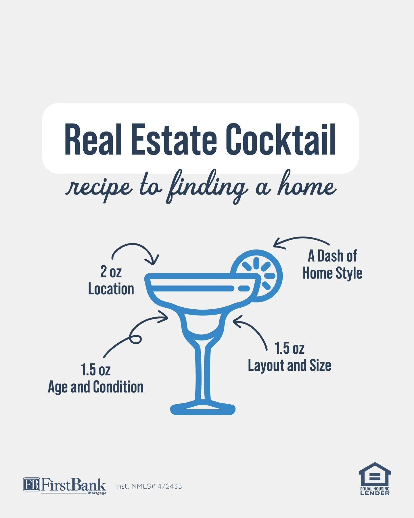 Shaken, stirred, and perfectly blended… just like your dream home. 
Finding the right home is all about the right mix:
 ✨ 2 oz Location
 🧱 1.5 oz Age & Condition
 📐 1.5 oz Layout & Size
 🏡 A dash of Home Style
Ready to mix up your