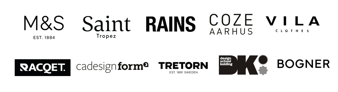 A collection of logo designs for various brands displayed in black and white, including M&S, Saint Tropez, Rains, Coze Aarhus, Vila Clothes, Racquet, Cadesign Forma, Tretorn, and D.K. BOGNER.