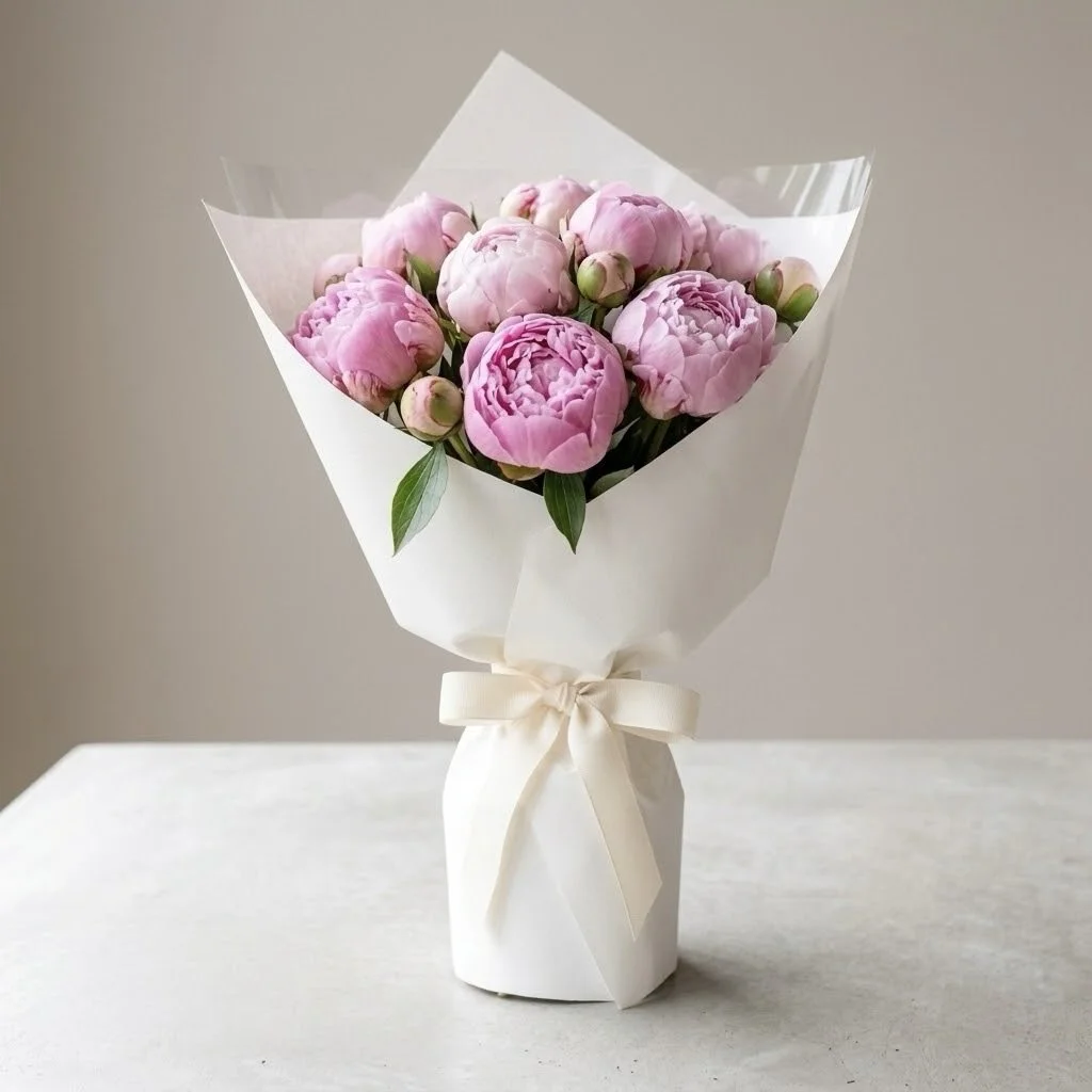 Hand tied peony bouquet wrapped in paper by Blühen Florist