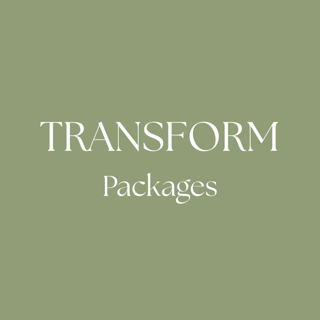 White words "TRANSFORM Packages" on moss green background