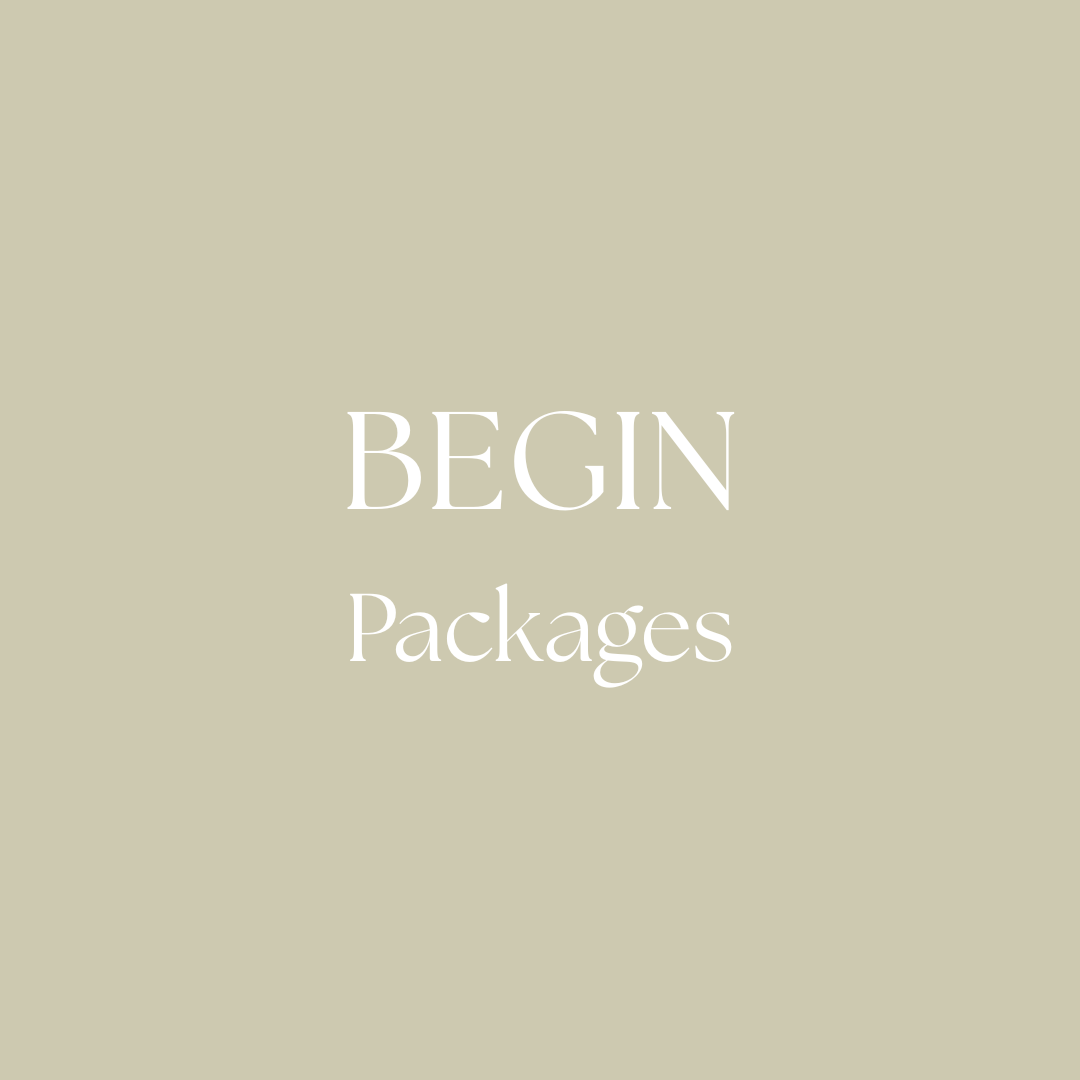White words "BEGIN Packages" on Tan background