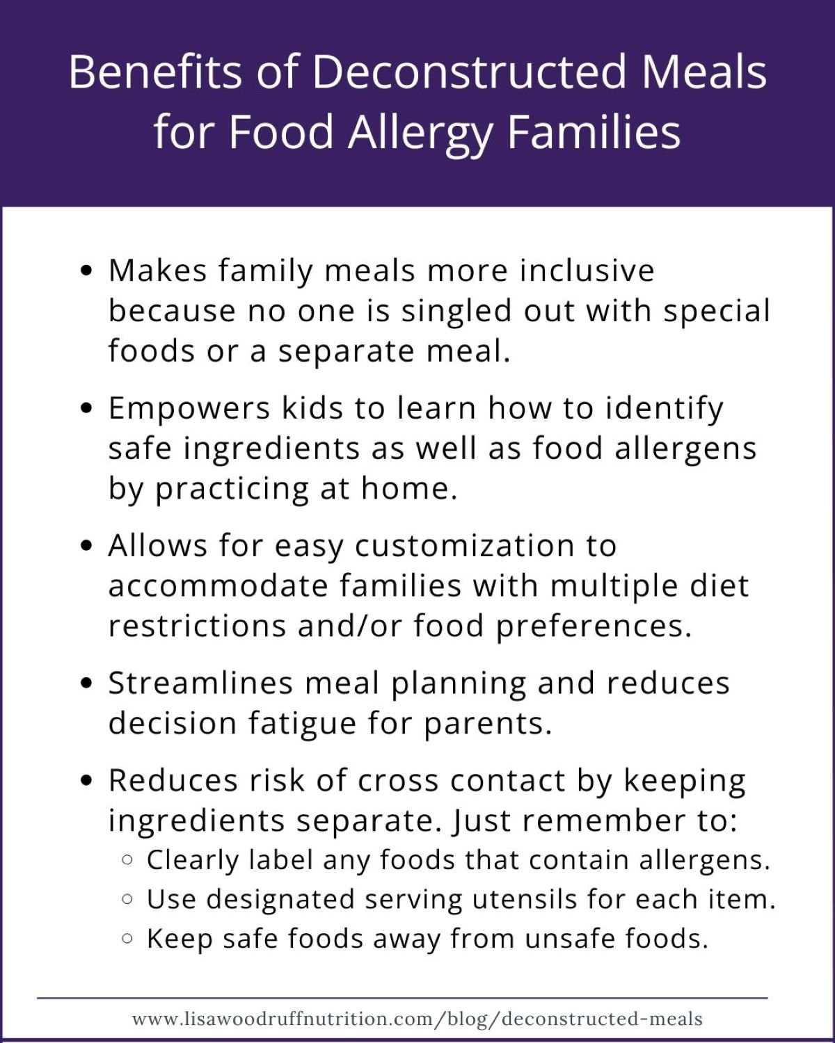 Benefits of Deconstructed Meals for Food Allergy Families infographics.