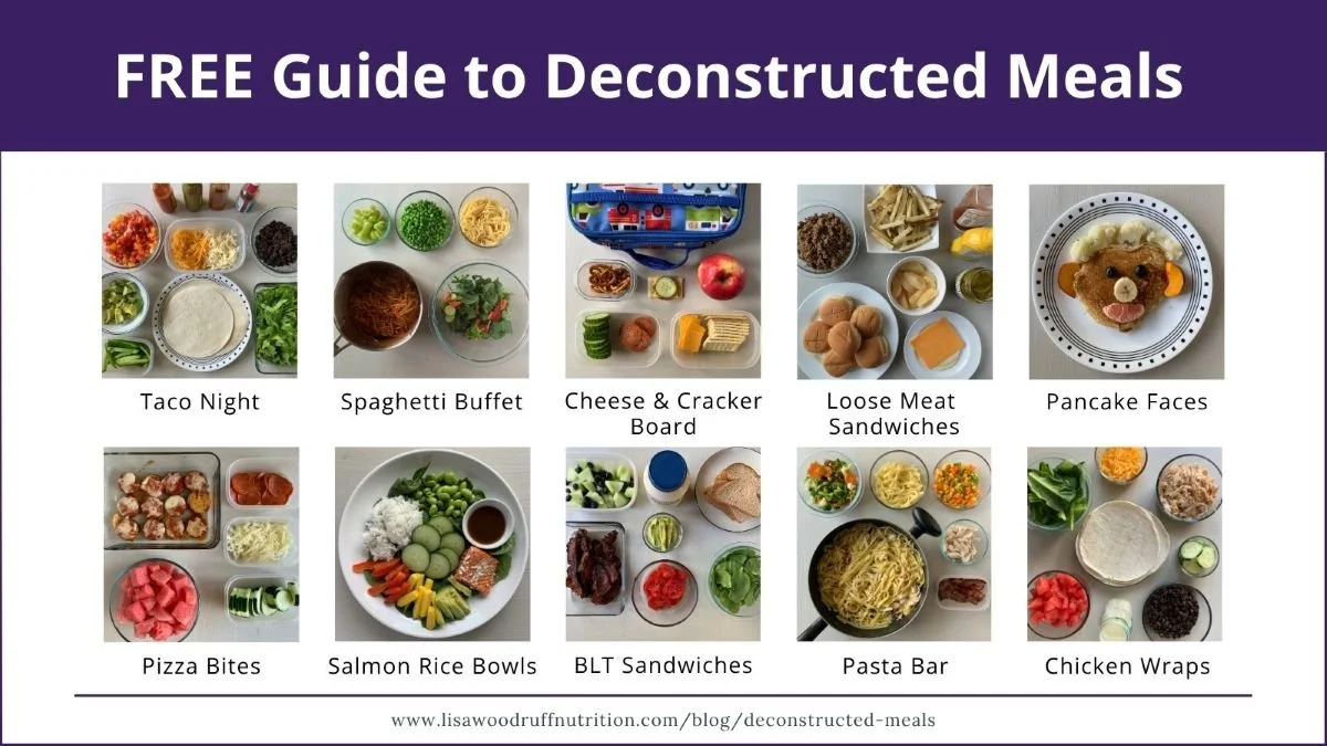 Graphic with images of ten simple deconstructed meal ideas for picky eaters or families with food allergies.