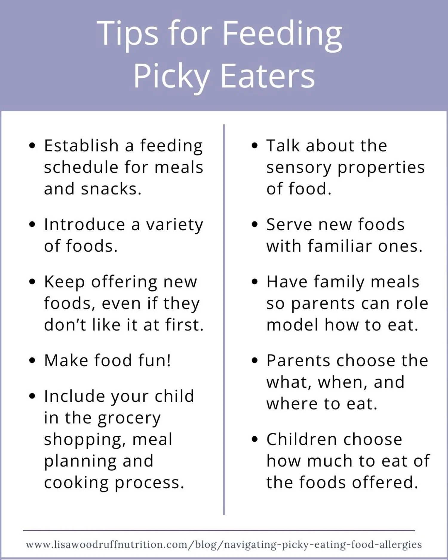 Graphic summarizing tips for feeding kids that are picky eaters.
