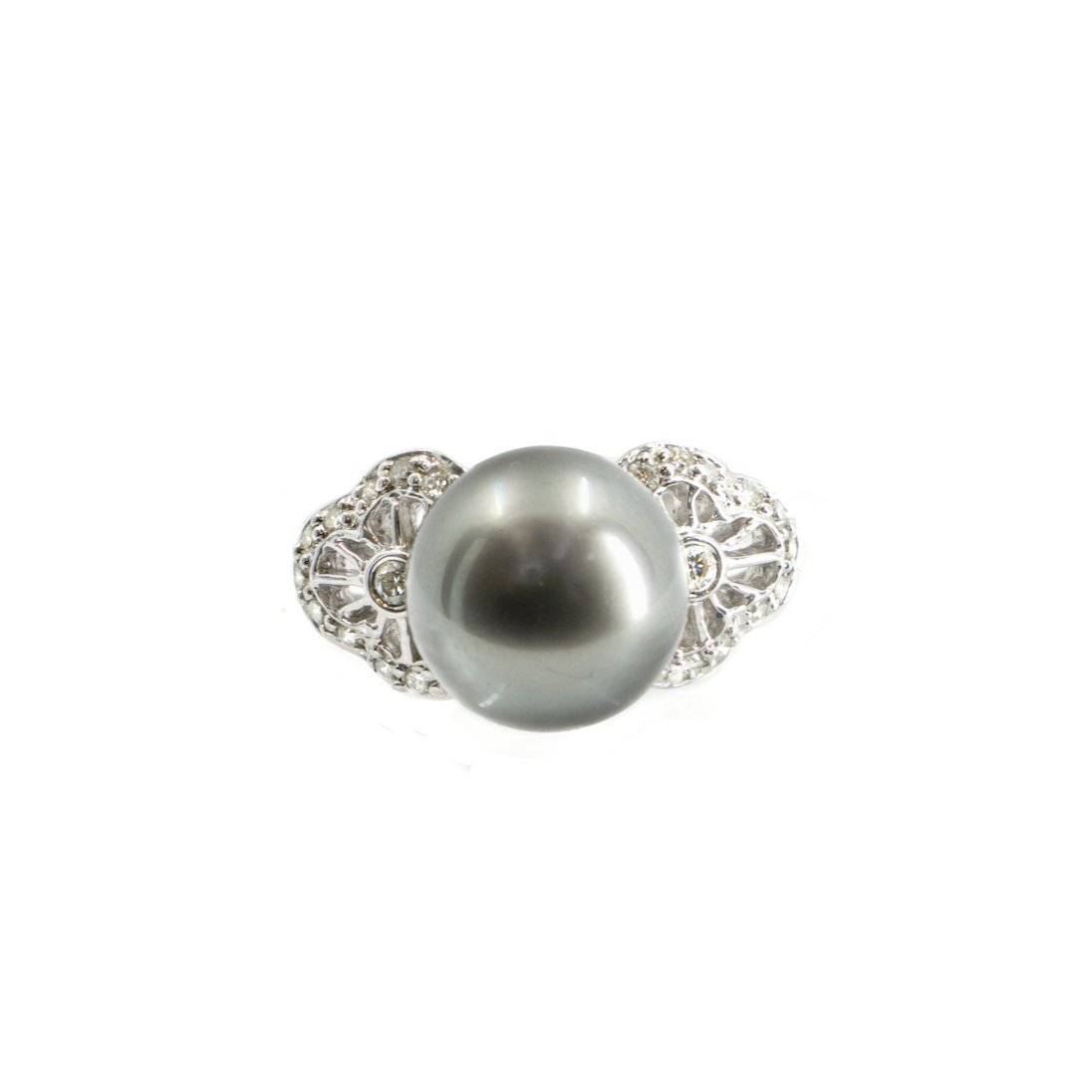 14K White Gold Tahitian Black Pearl Ring with Diamond Accents | Statement Size 7.25