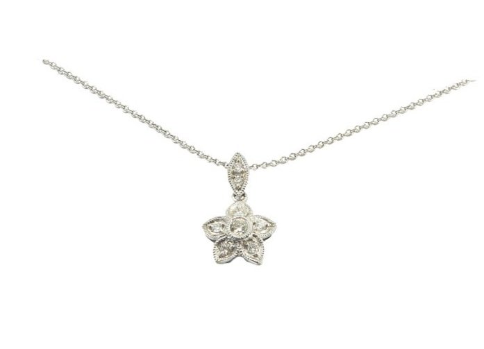 Delicate 14K White Gold Diamond Flower Pendant Necklace