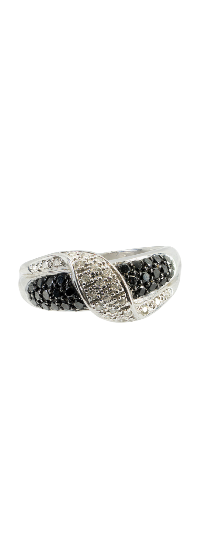 14K White Gold Black Diamond Cigar Band Ring | Center White Diamond Accent | Size 7.25