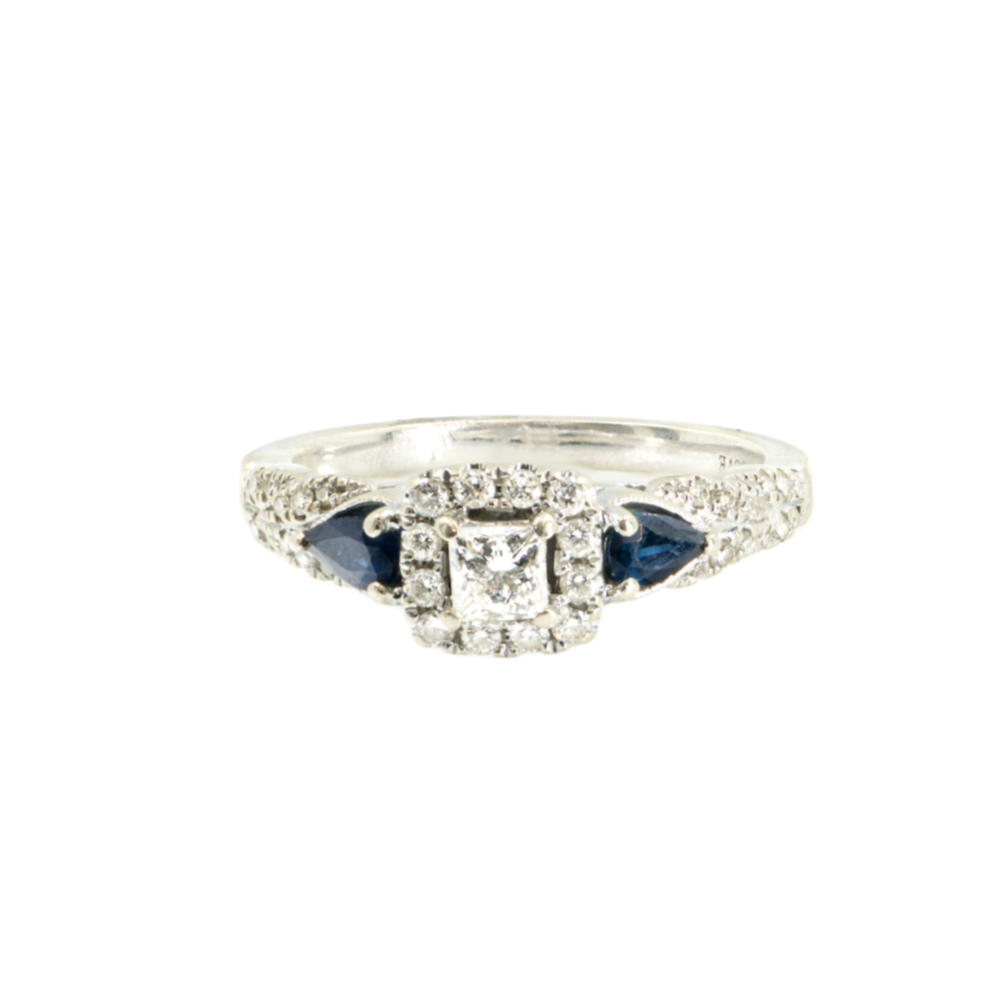 Vera Wang Love Collection 1ct Princess Cut Diamond Engagement Ring with Blue Sapphires | 14K White Gold Size 9.5