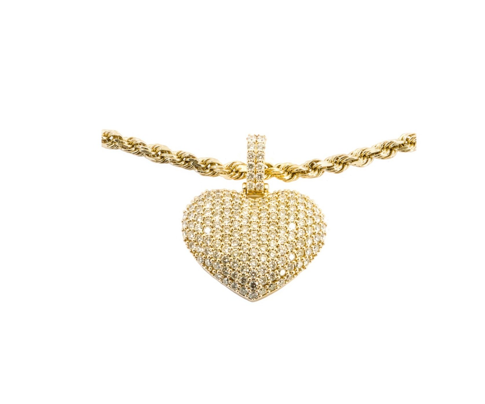 Stunning 10K Yellow Gold Rope Chain Necklace with 3ct Diamond Pavé Heart Pendant | 22.4g