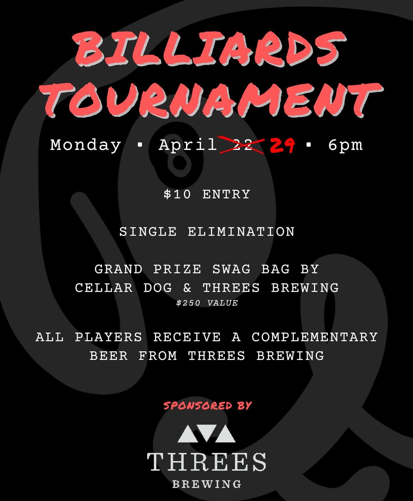 ‼️DATE CHANGE‼️ Cellar Dog will be hosting its first Billiards Tournament, sponsored by Threes Brewing, now held on Monday, April 29th! We will accept up to 32 players, single elimination. Grand prize includes a swag bag from Cellar Dog and Threes Br